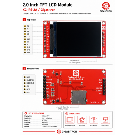 Gigasitron 2.0-inch TFT LCD Display Module, 240×320, ST7789V, SPI Interface